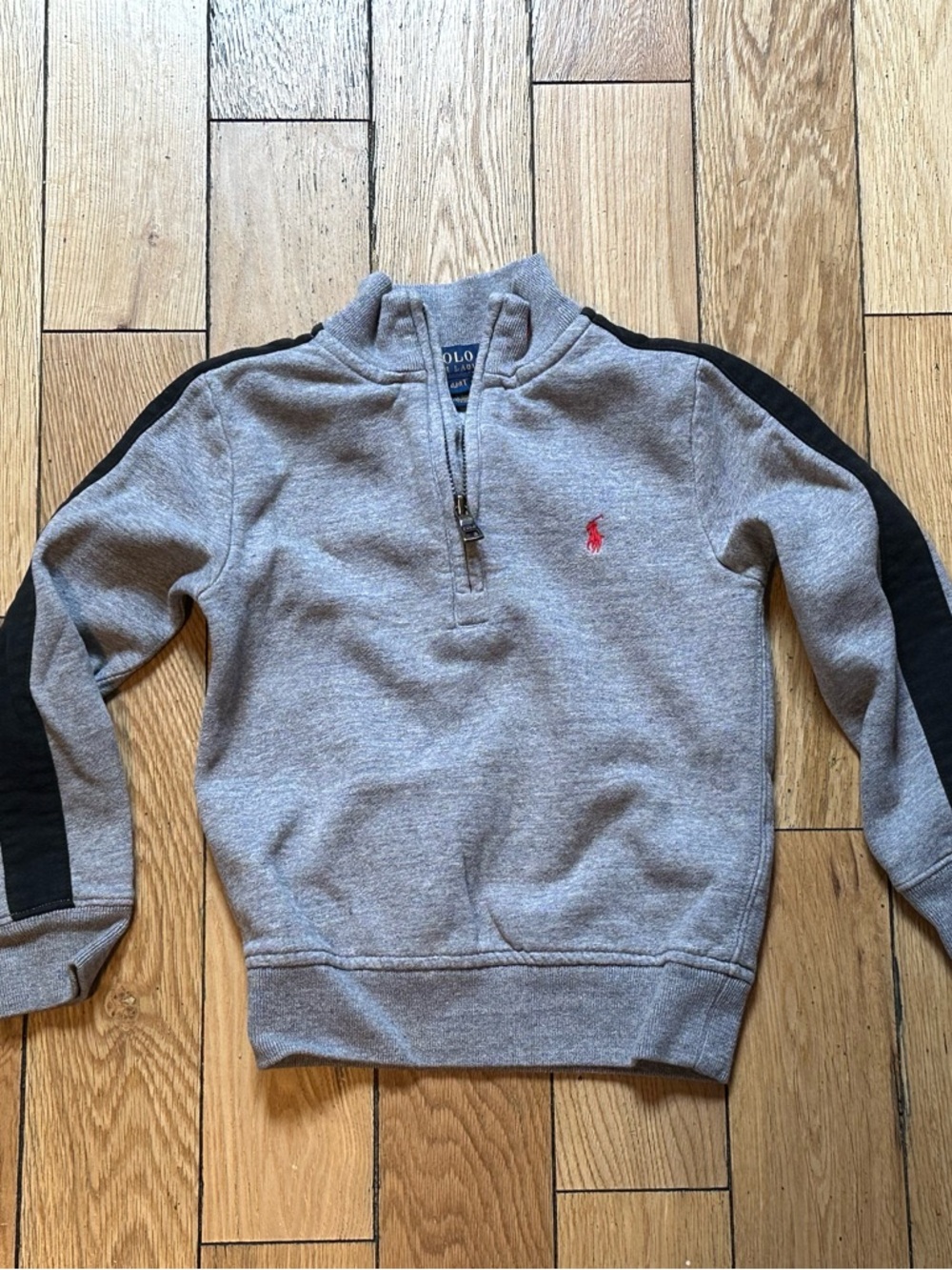 Polo by Ralph Lauren Gray Quarter-Zip Sweatshirt with Black Sleeve Stripes